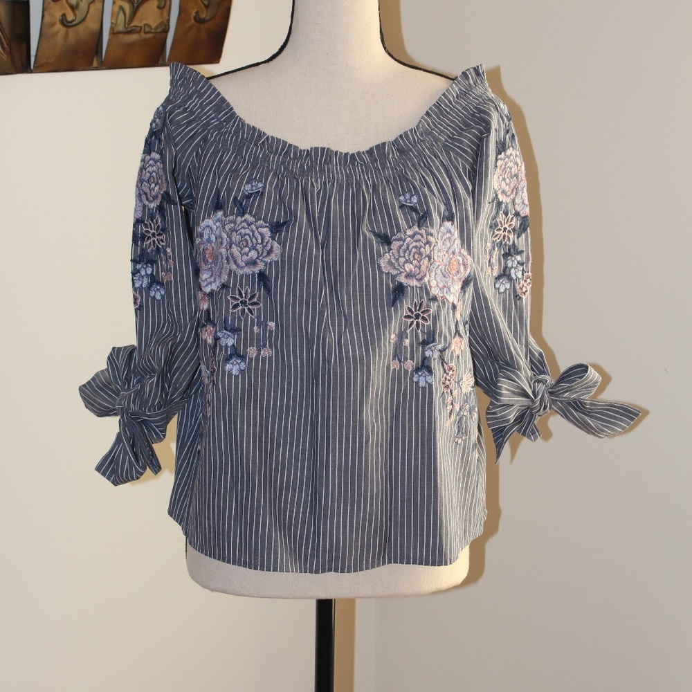 AEO flower embroidered stripe off the shoulder top...... - Picture 8 of 9